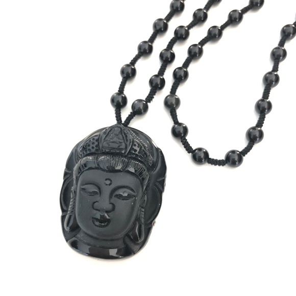 BUDDHA / SHIVA Handcrafted w Natural Black Onyx Knotted Long Necklace NWOT - Picture 6 of 8